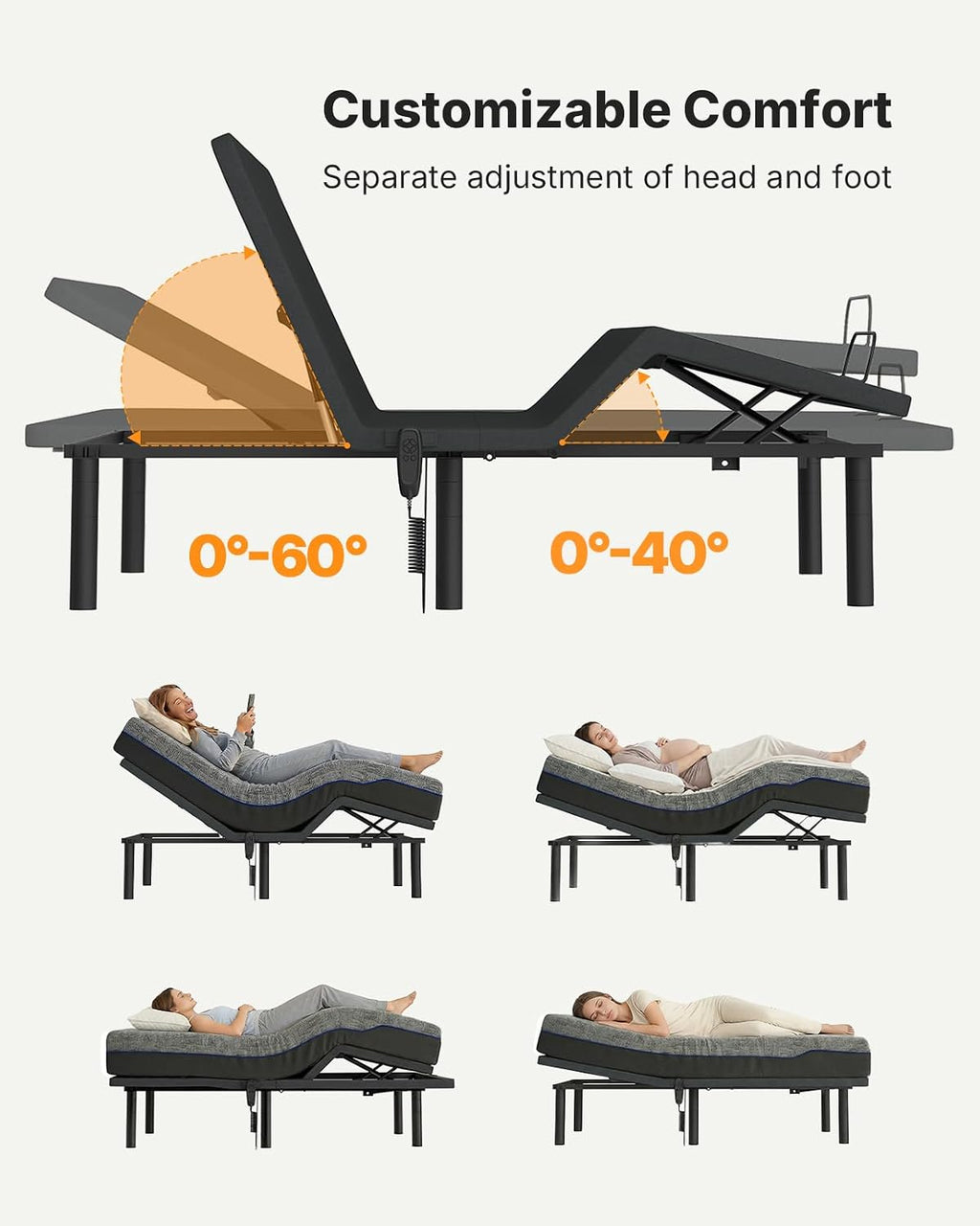 Adjustable Bed Frame – Electric Head & Foot Incline with Quiet Motor for Personalized Comfort