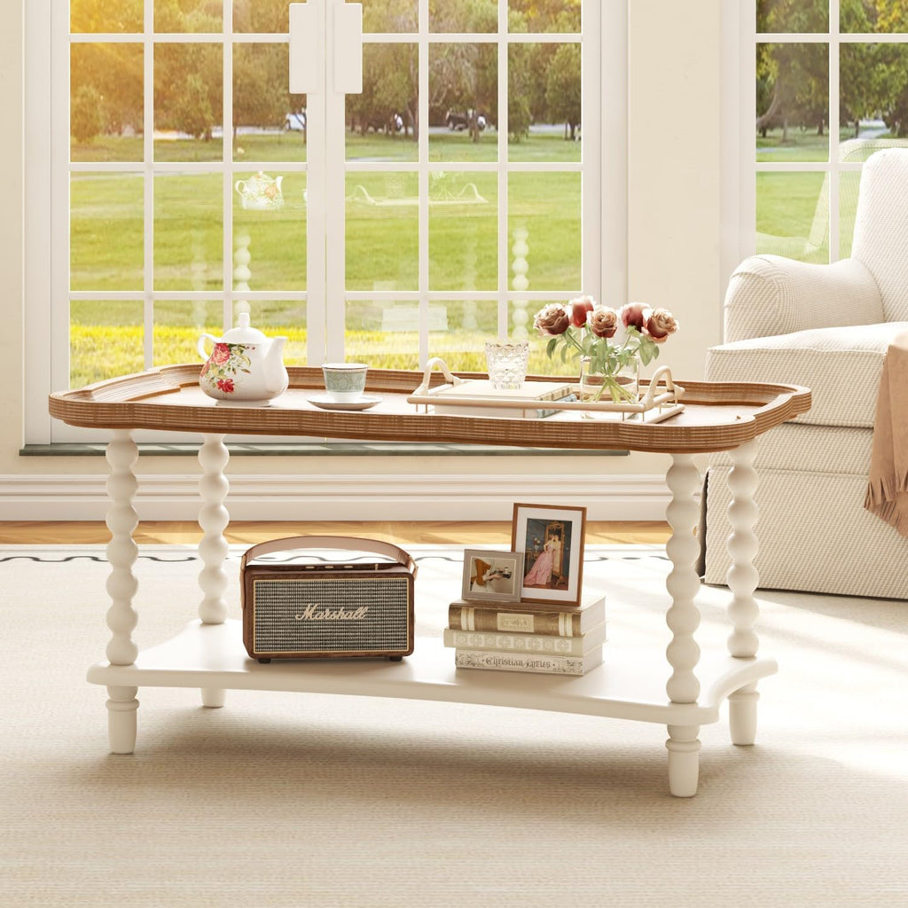 Cozy Gatherings Start Here – Rustic Farmhouse Coffee Table with Tray-Style Top & Lower Shelf