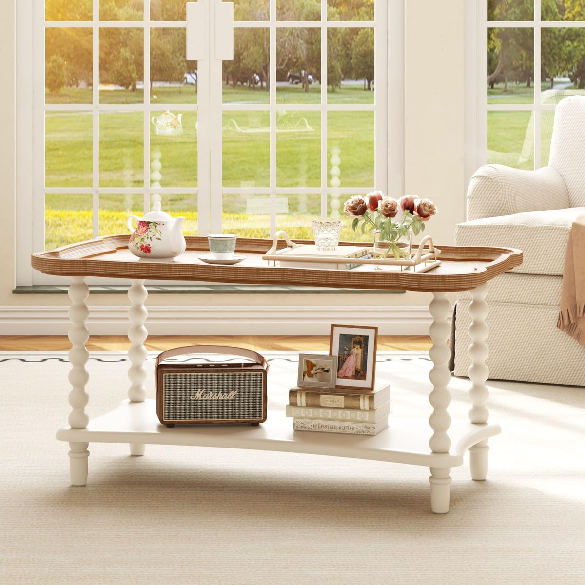 Cozy Gatherings Start Here – Rustic Farmhouse Coffee Table with Tray-Style Top & Lower Shelf