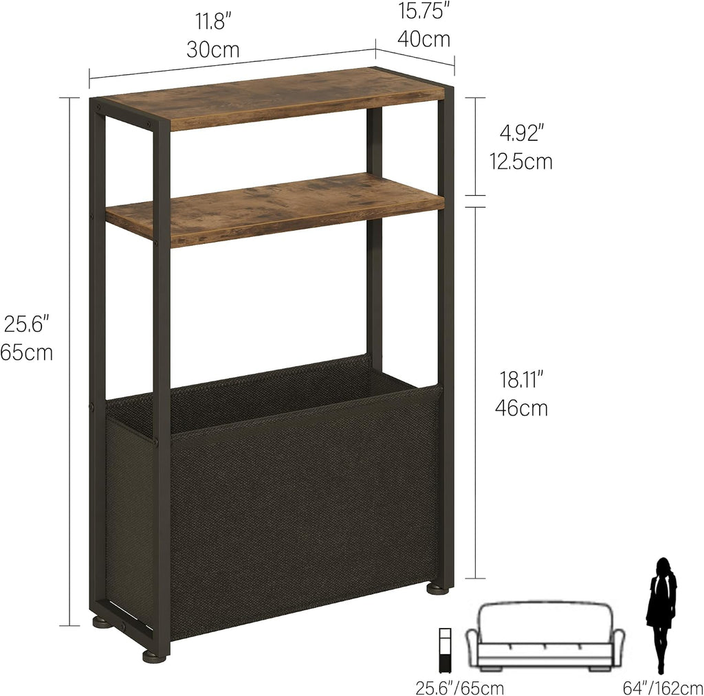 Narrow Side Table for Small Spaces – Slim Bedside Nightstand with Fabric Storage Basket