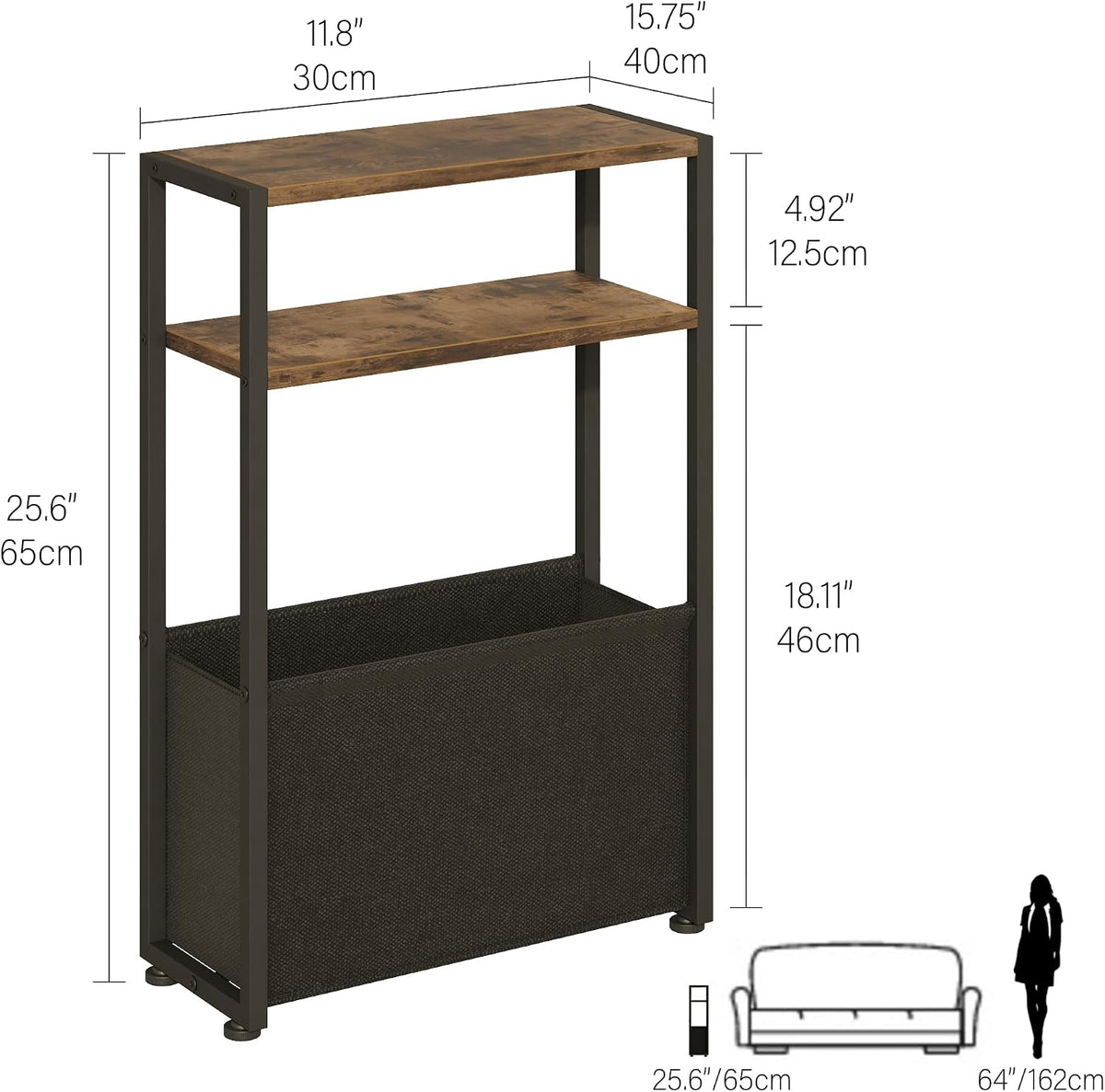 Narrow Side Table for Small Spaces – Slim Bedside Nightstand with Fabric Storage Basket