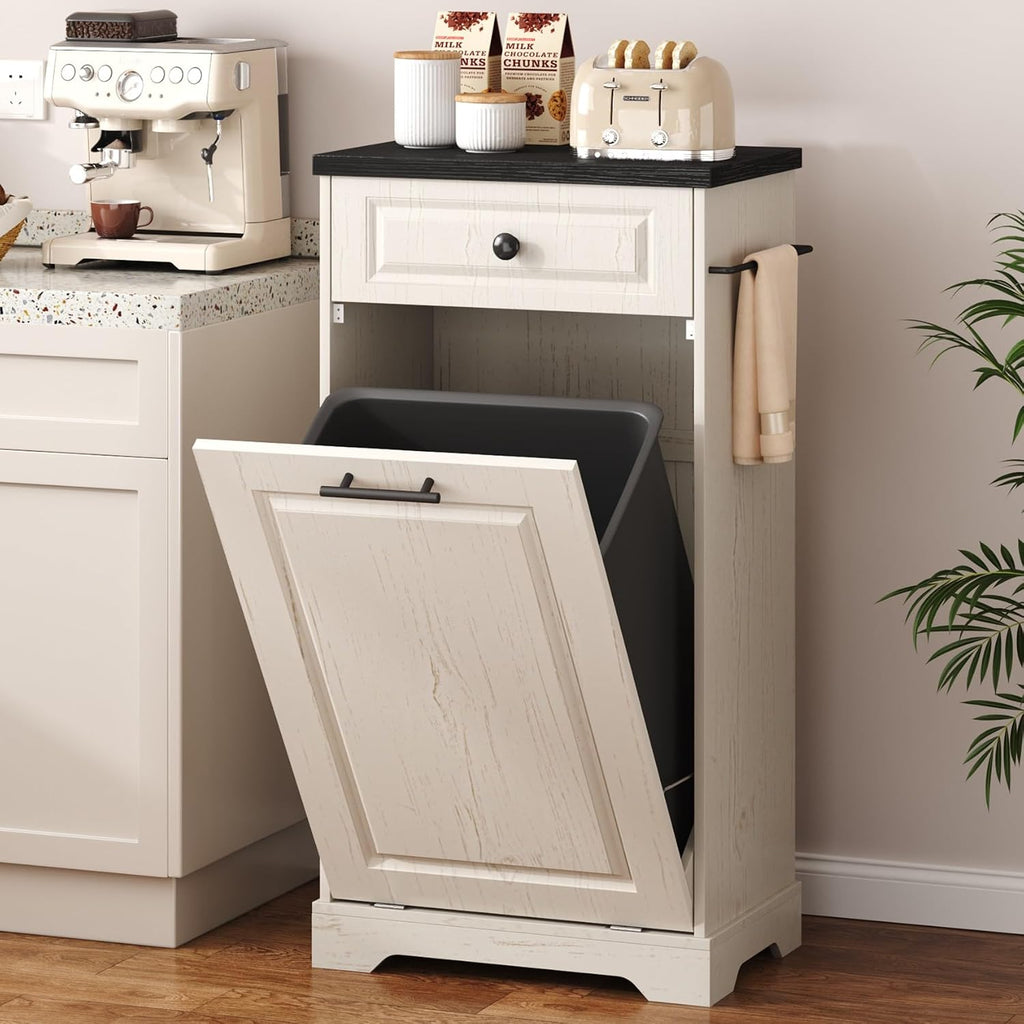 Hide the Mess in Style – Farmhouse Tilt-Out Trash Cabinet with Storage Drawer
