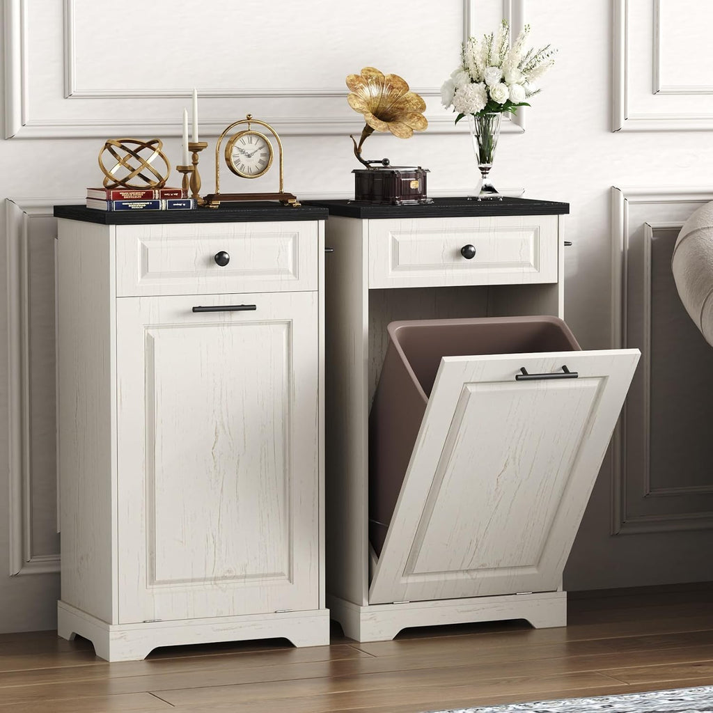 Hide the Mess in Style – Farmhouse Tilt-Out Trash Cabinet with Storage Drawer