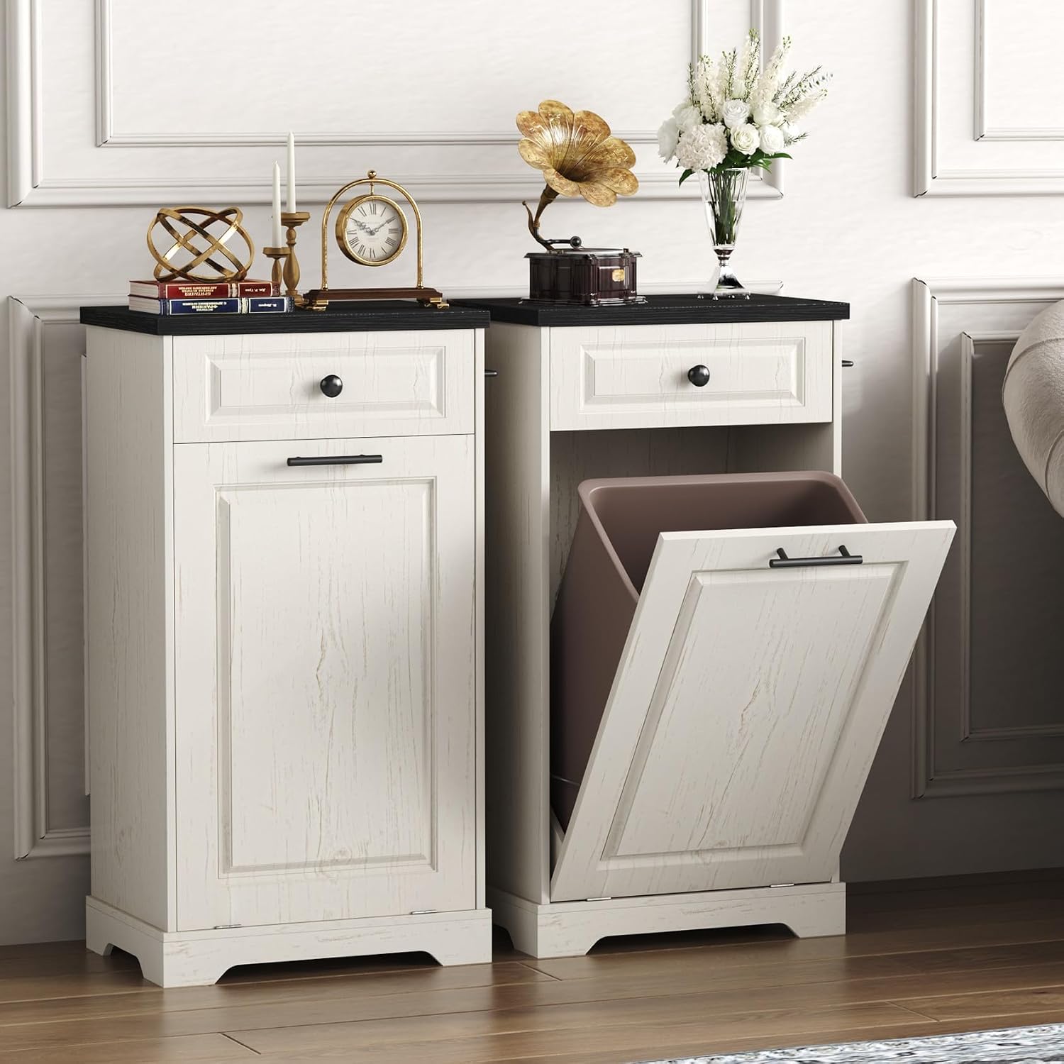 Hide the Mess in Style – Farmhouse Tilt-Out Trash Cabinet with Storage Drawer