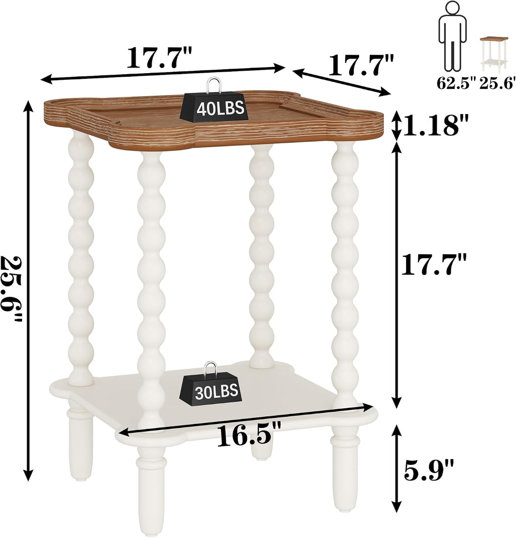 Cozy Farmhouse Nightstand – Charming 2-Tier Bedside Table with Natural Tray Top & Vintage White Legs