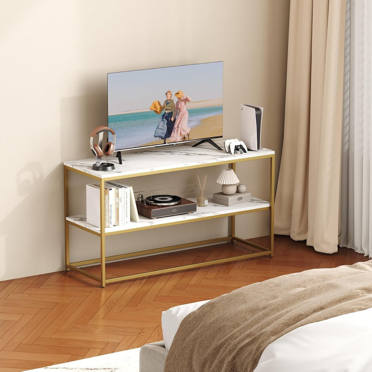 Modern Luxe TV Stand – Elegant 3-Tier Entertainment Center with Open Storage Shelves