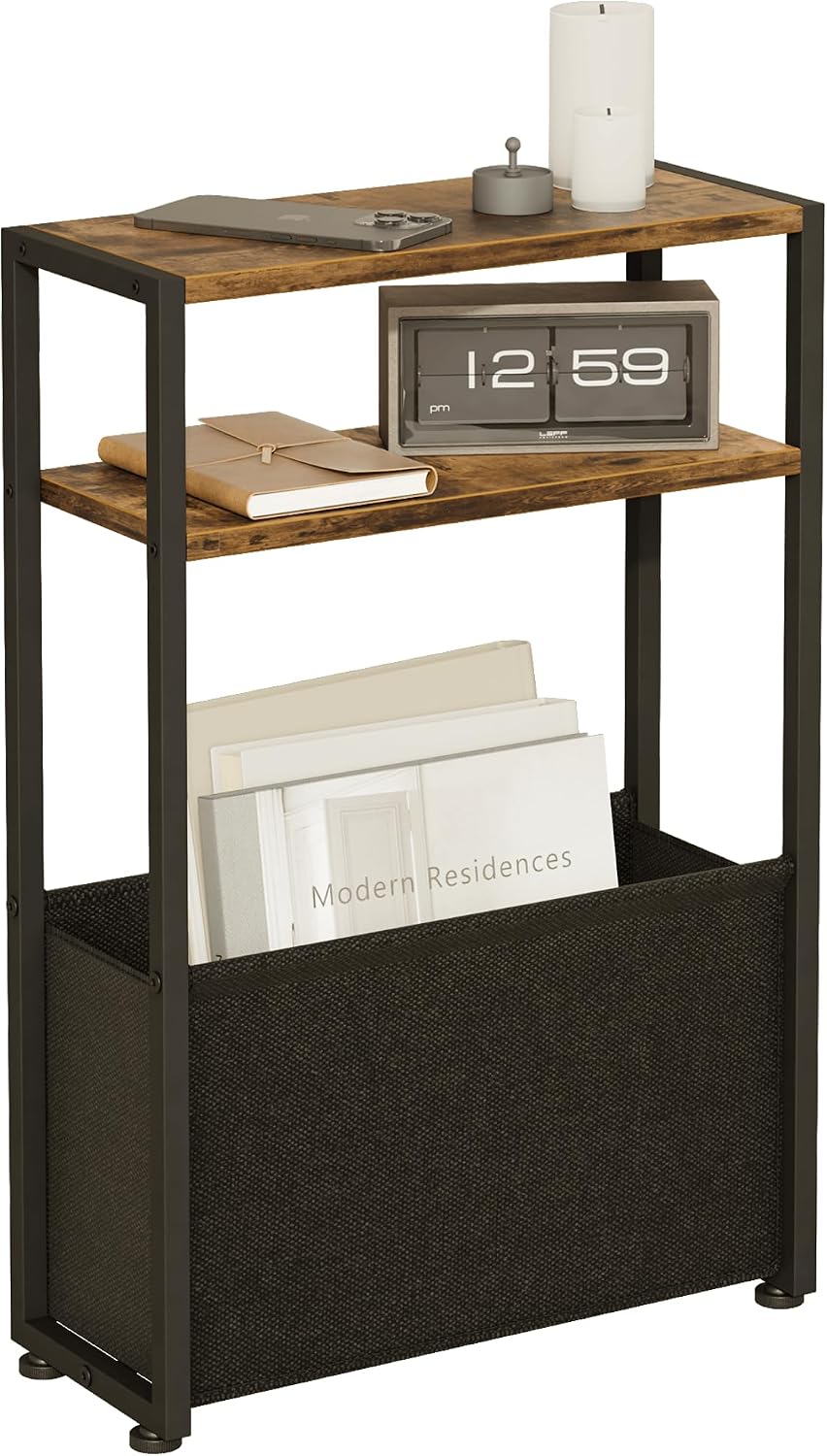 Narrow Side Table for Small Spaces – Slim Bedside Nightstand with Fabric Storage Basket