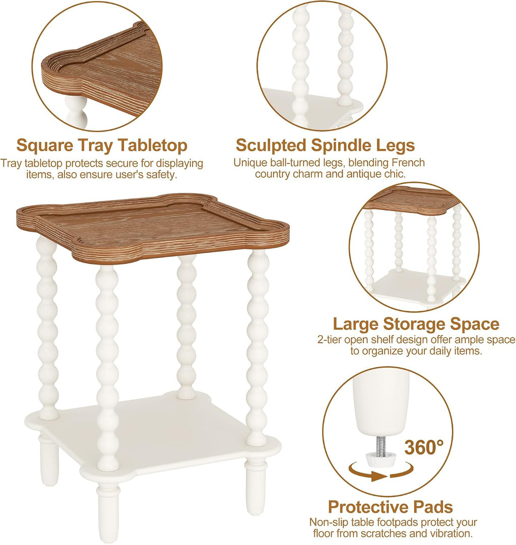 Cozy Farmhouse Nightstand – Charming 2-Tier Bedside Table with Natural Tray Top & Vintage White Legs