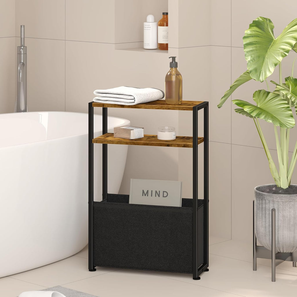 Narrow Side Table for Small Spaces – Slim Bedside Nightstand with Fabric Storage Basket