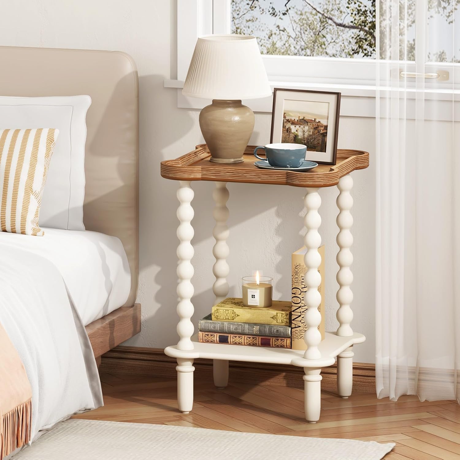Cozy Farmhouse Nightstand – Charming 2-Tier Bedside Table with Natural Tray Top & Vintage White Legs