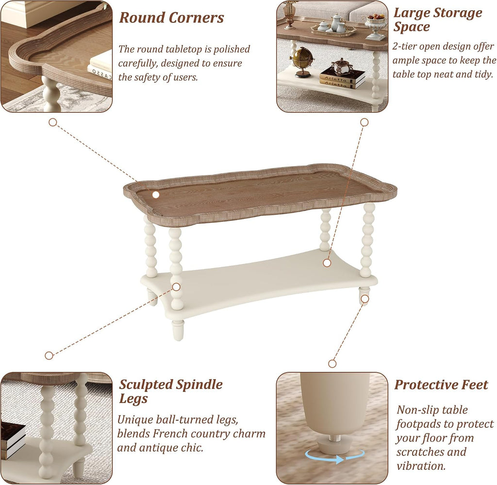 Cozy Gatherings Start Here – Rustic Farmhouse Coffee Table with Tray-Style Top & Lower Shelf