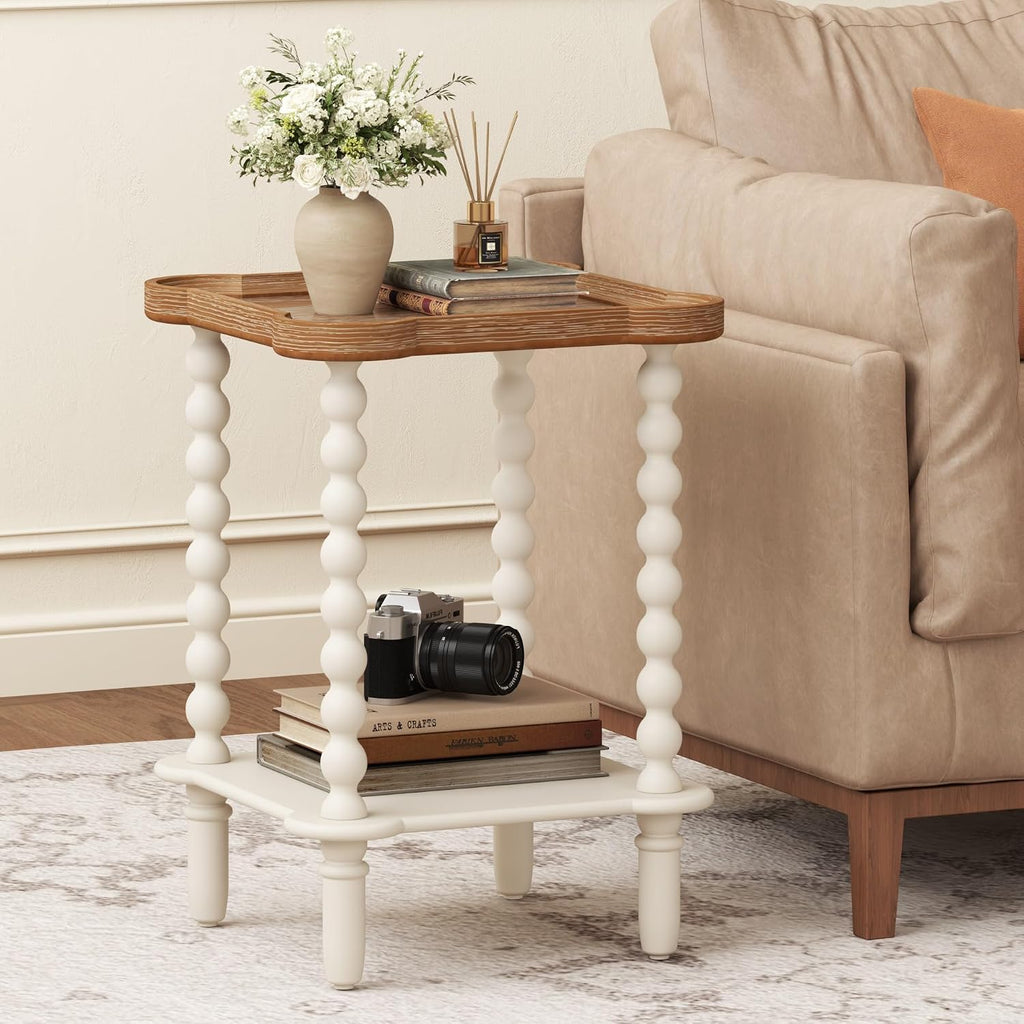 Cozy Farmhouse Nightstand – Charming 2-Tier Bedside Table with Natural Tray Top & Vintage White Legs