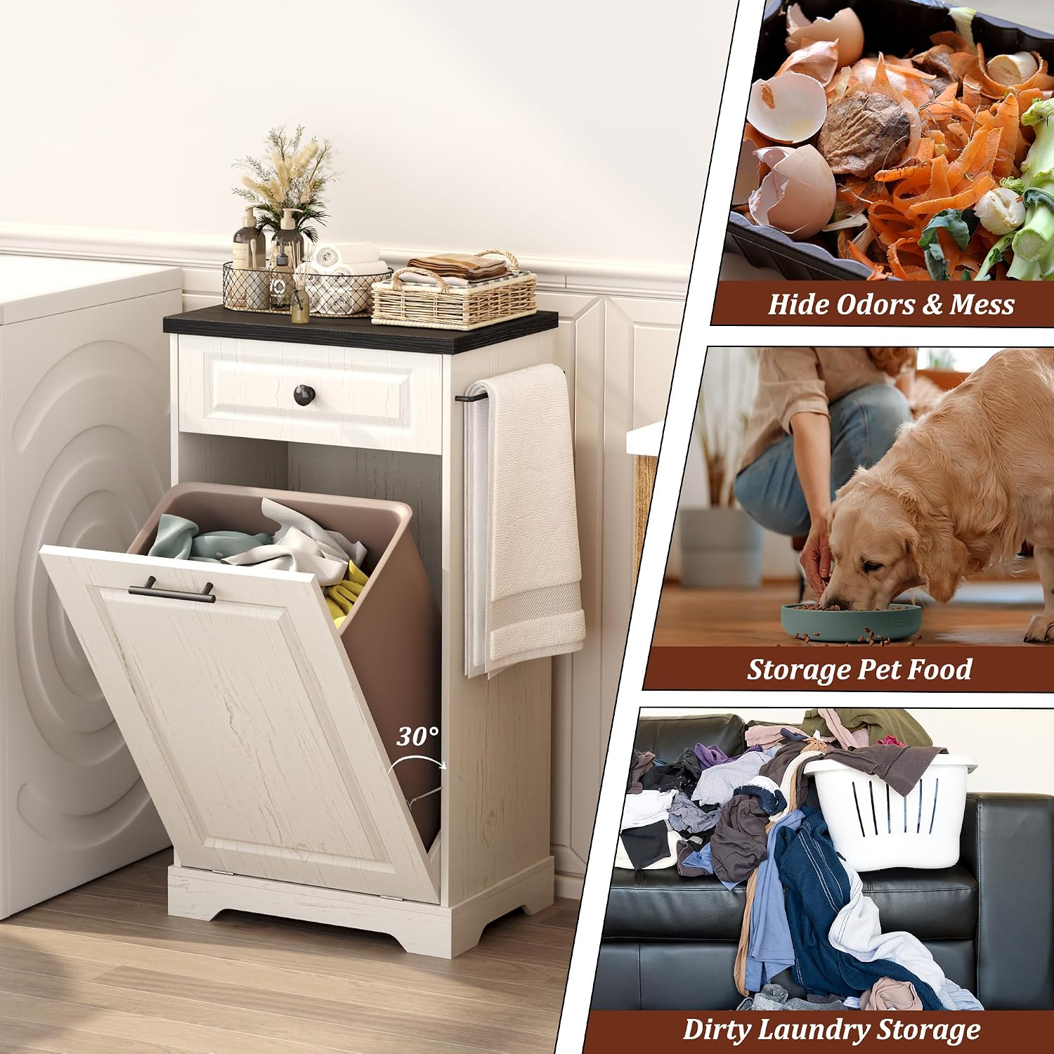 Hide the Mess in Style – Farmhouse Tilt-Out Trash Cabinet with Storage Drawer