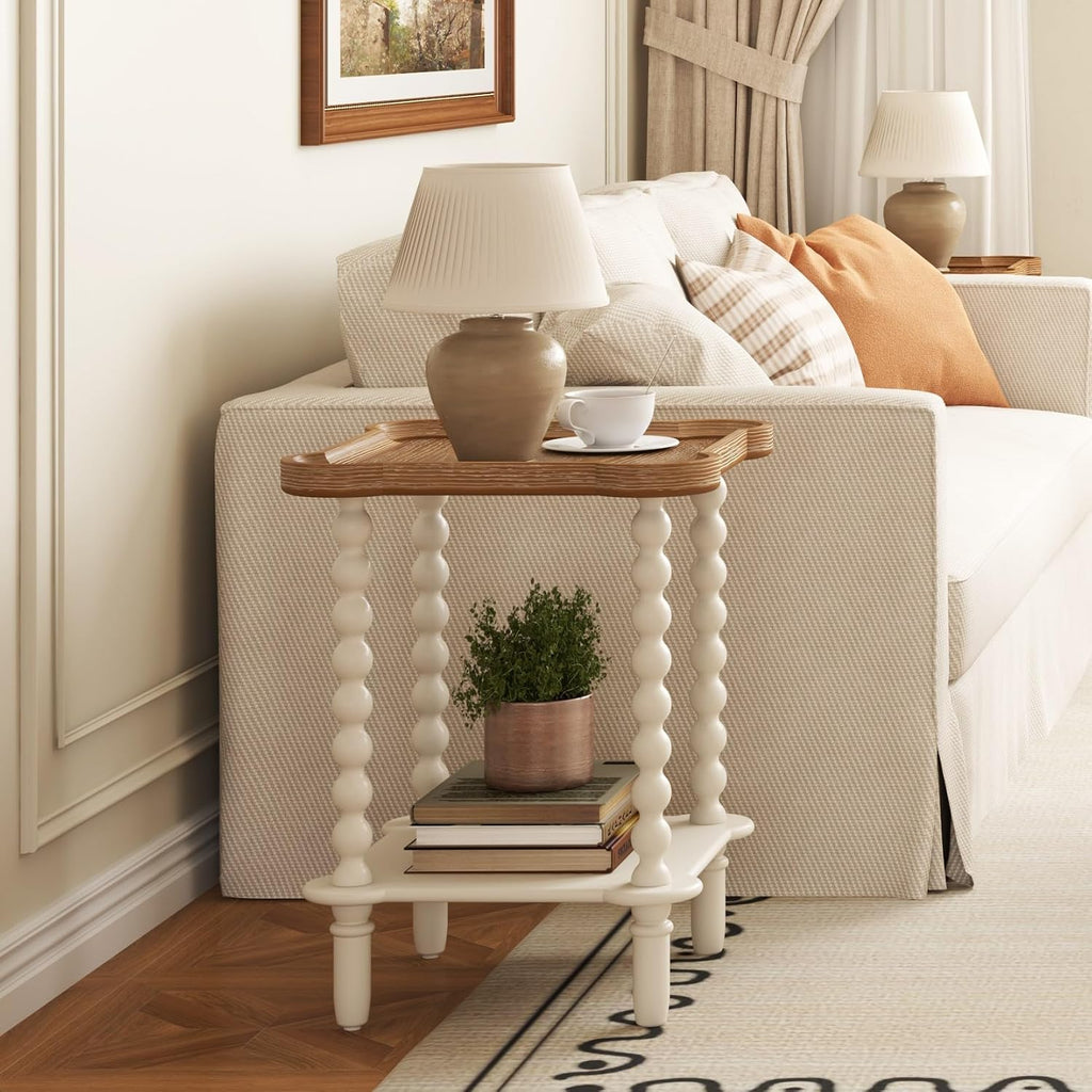 Cozy Farmhouse Nightstand – Charming 2-Tier Bedside Table with Natural Tray Top & Vintage White Legs