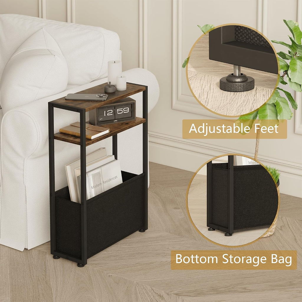 Narrow Side Table for Small Spaces – Slim Bedside Nightstand with Fabric Storage Basket