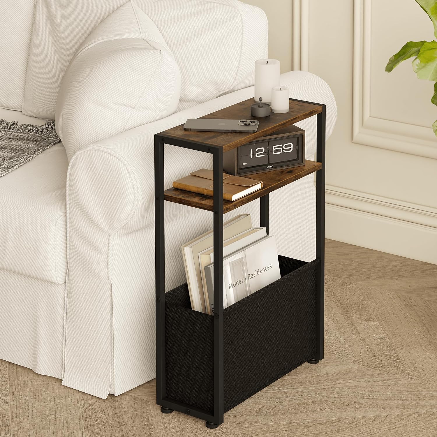 Narrow Side Table for Small Spaces – Slim Bedside Nightstand with Fabric Storage Basket