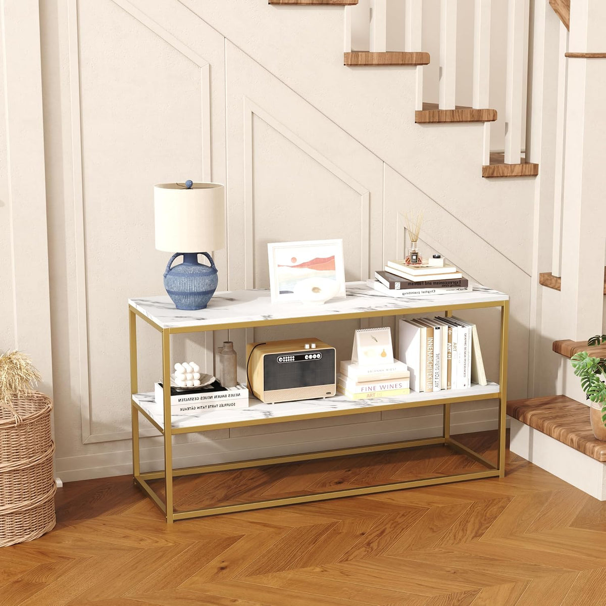 Modern Luxe TV Stand – Elegant 3-Tier Entertainment Center with Open Storage Shelves