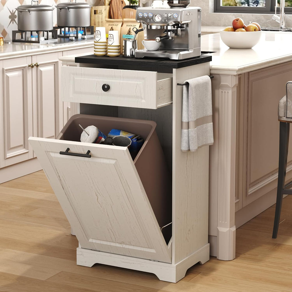 Hide the Mess in Style – Farmhouse Tilt-Out Trash Cabinet with Storage Drawer