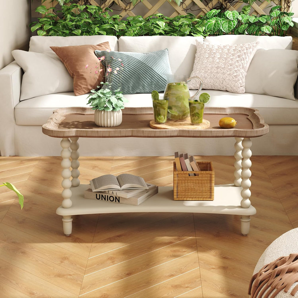 Cozy Gatherings Start Here – Rustic Farmhouse Coffee Table with Tray-Style Top & Lower Shelf