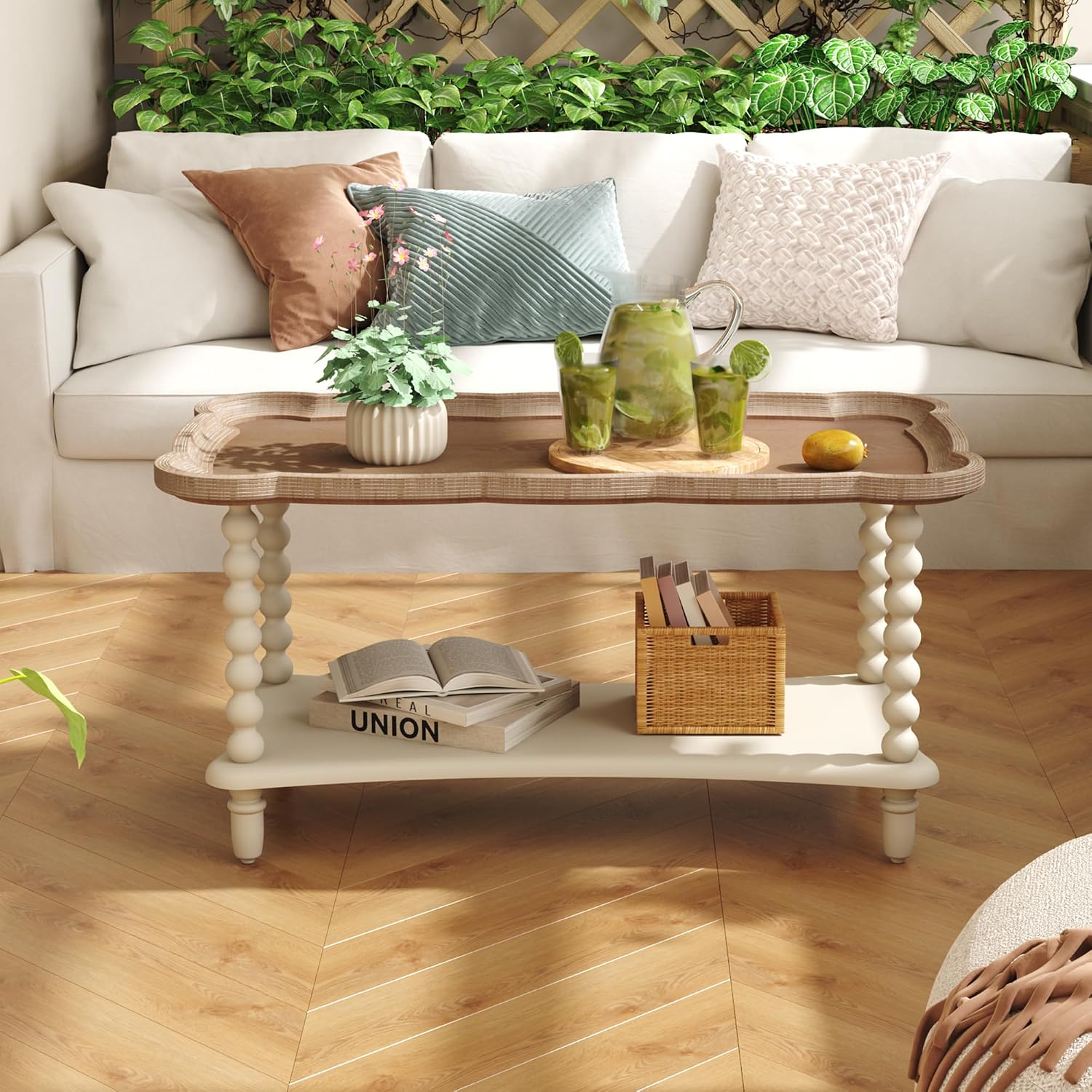 Cozy Gatherings Start Here – Rustic Farmhouse Coffee Table with Tray-Style Top & Lower Shelf