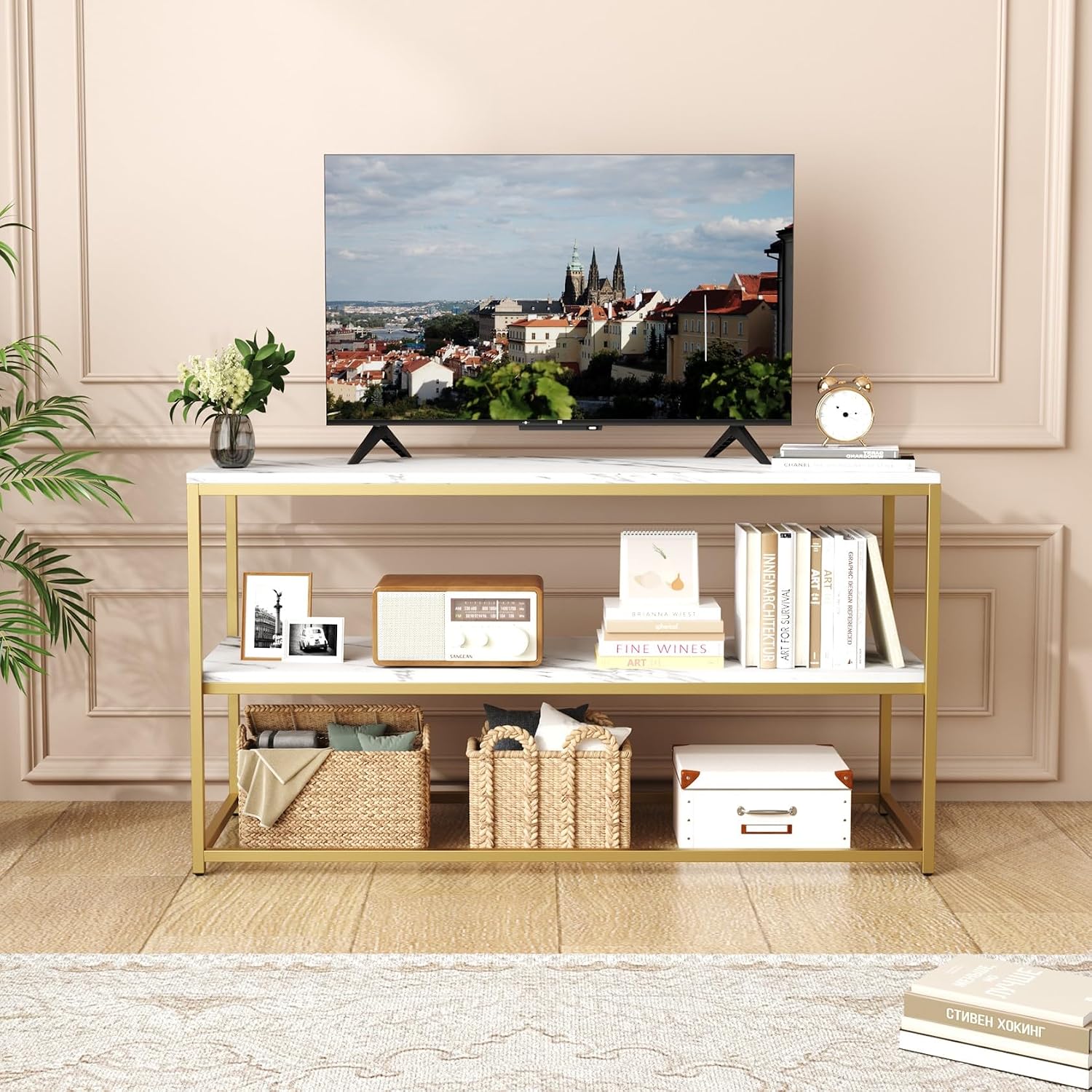 Modern Luxe TV Stand – Elegant 3-Tier Entertainment Center with Open Storage Shelves