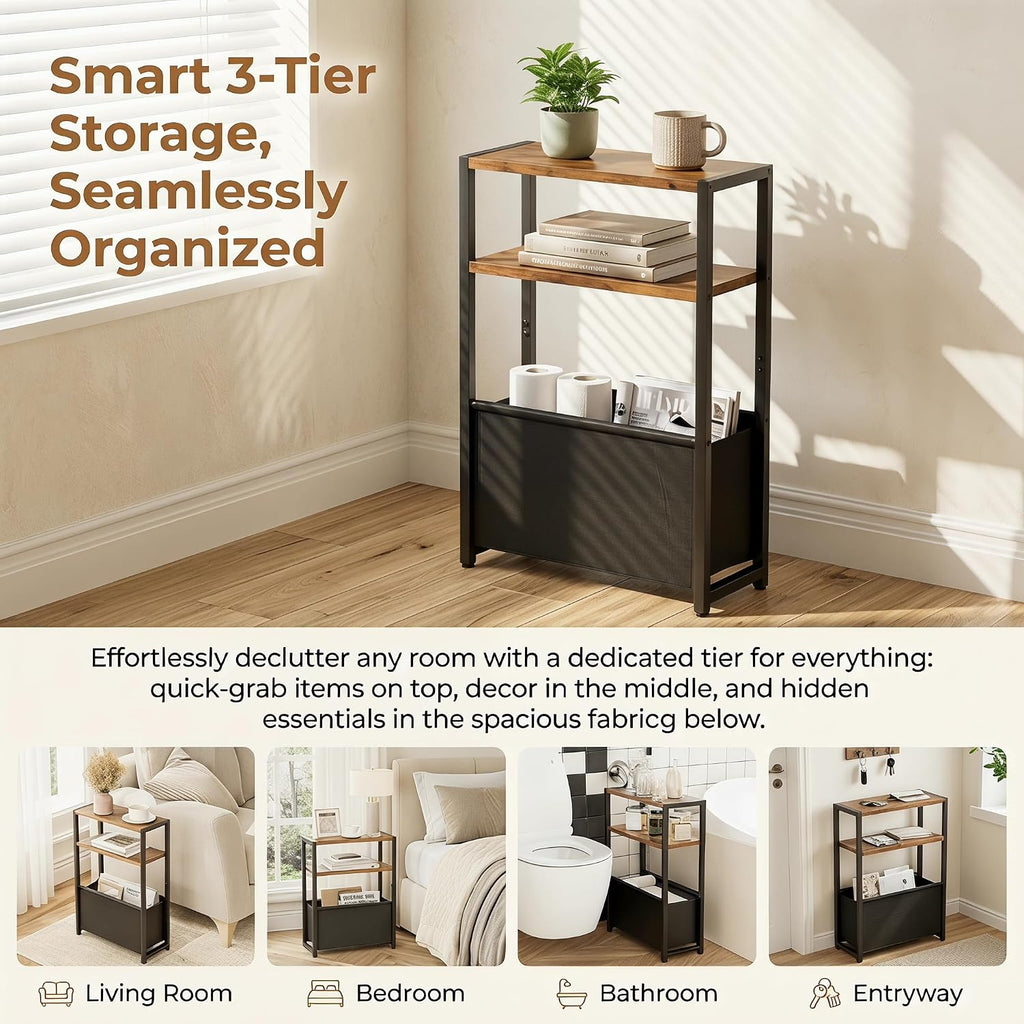 Narrow Side Table for Small Spaces – Slim Bedside Nightstand with Fabric Storage Basket