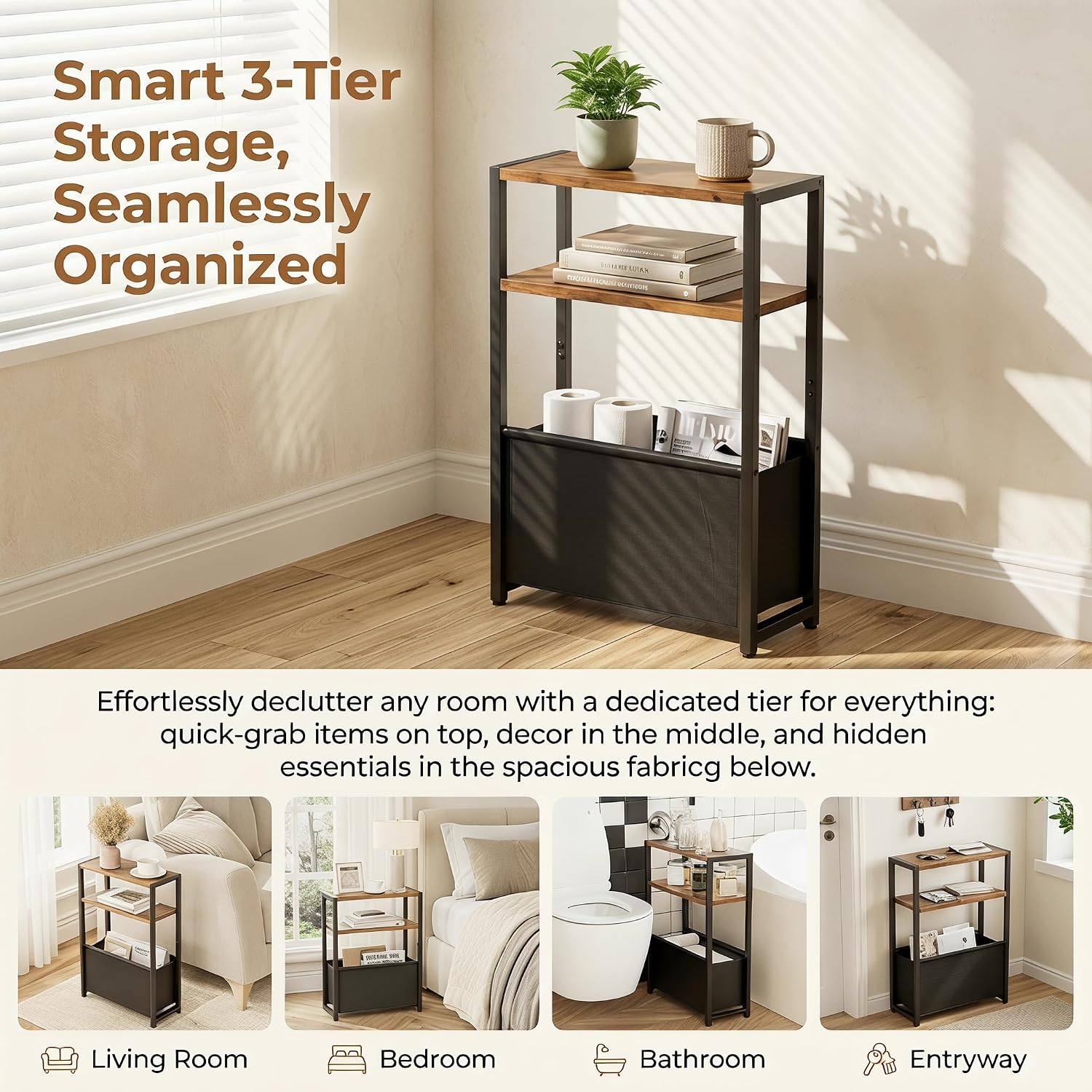 Narrow Side Table for Small Spaces – Slim Bedside Nightstand with Fabric Storage Basket