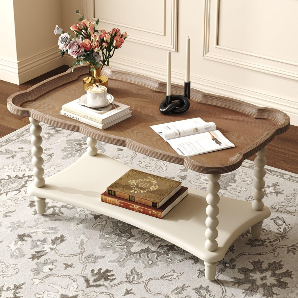 Cozy Gatherings Start Here – Rustic Farmhouse Coffee Table with Tray-Style Top & Lower Shelf