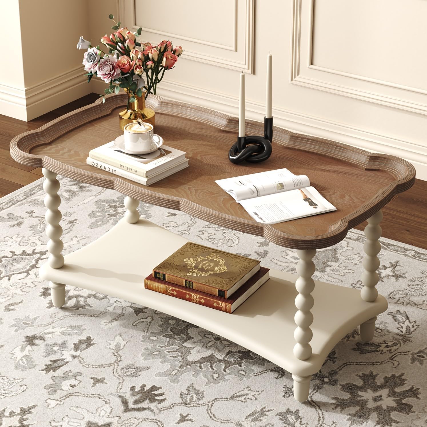 Cozy Gatherings Start Here – Rustic Farmhouse Coffee Table with Tray-Style Top & Lower Shelf
