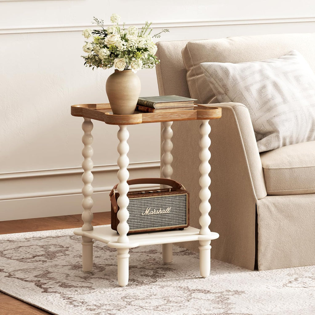 Cozy Farmhouse Nightstand – Charming 2-Tier Bedside Table with Natural Tray Top & Vintage White Legs
