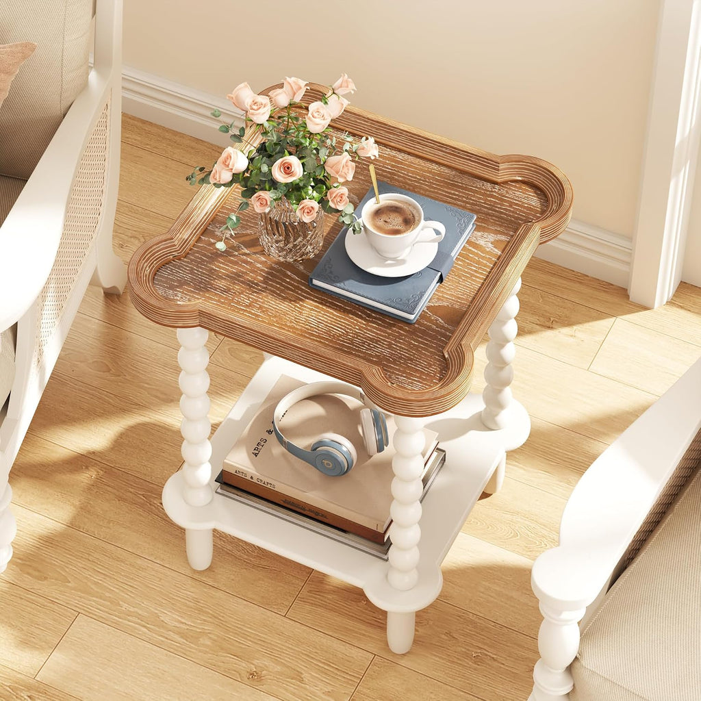 Cozy Farmhouse Nightstand – Charming 2-Tier Bedside Table with Natural Tray Top & Vintage White Legs