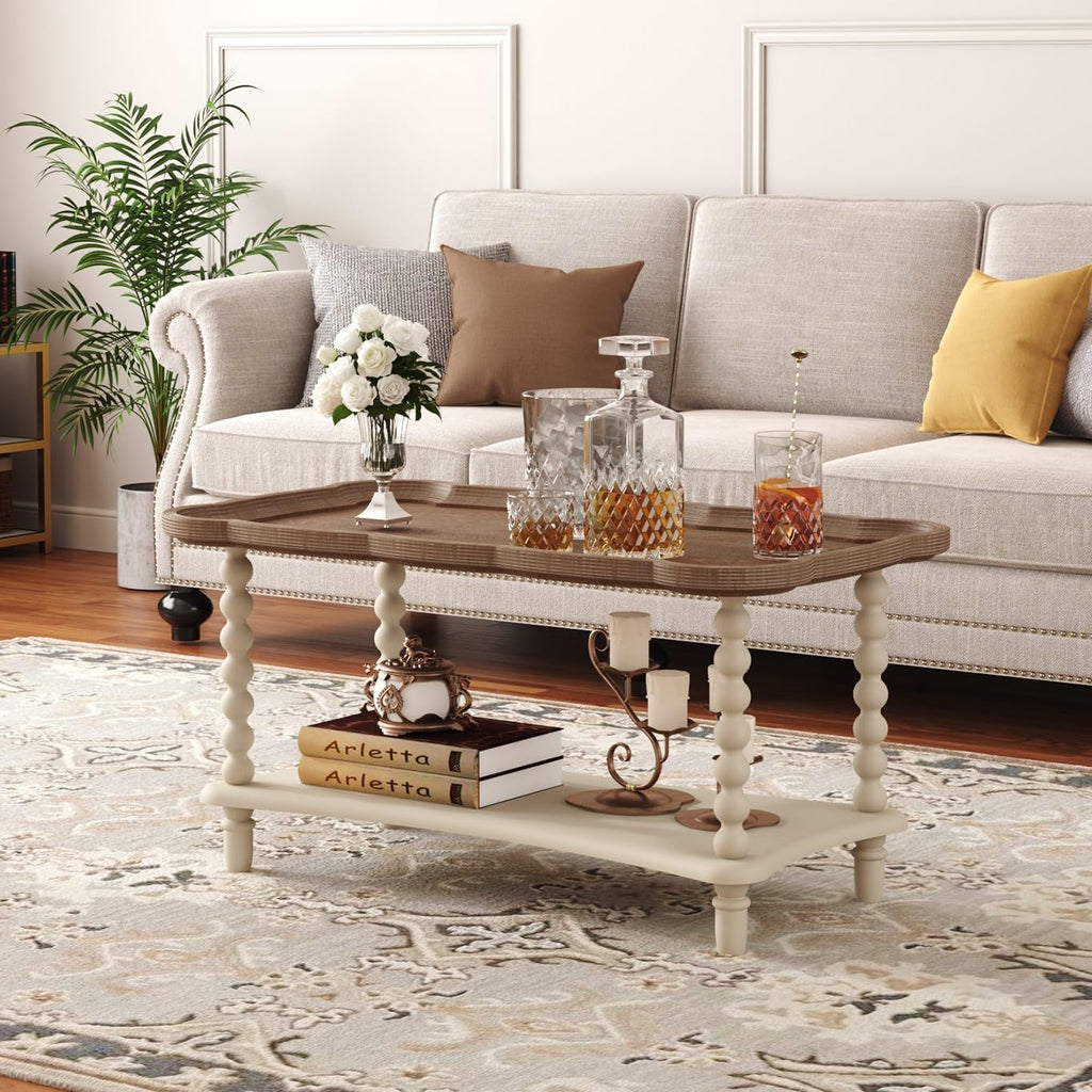 Cozy Gatherings Start Here – Rustic Farmhouse Coffee Table with Tray-Style Top & Lower Shelf
