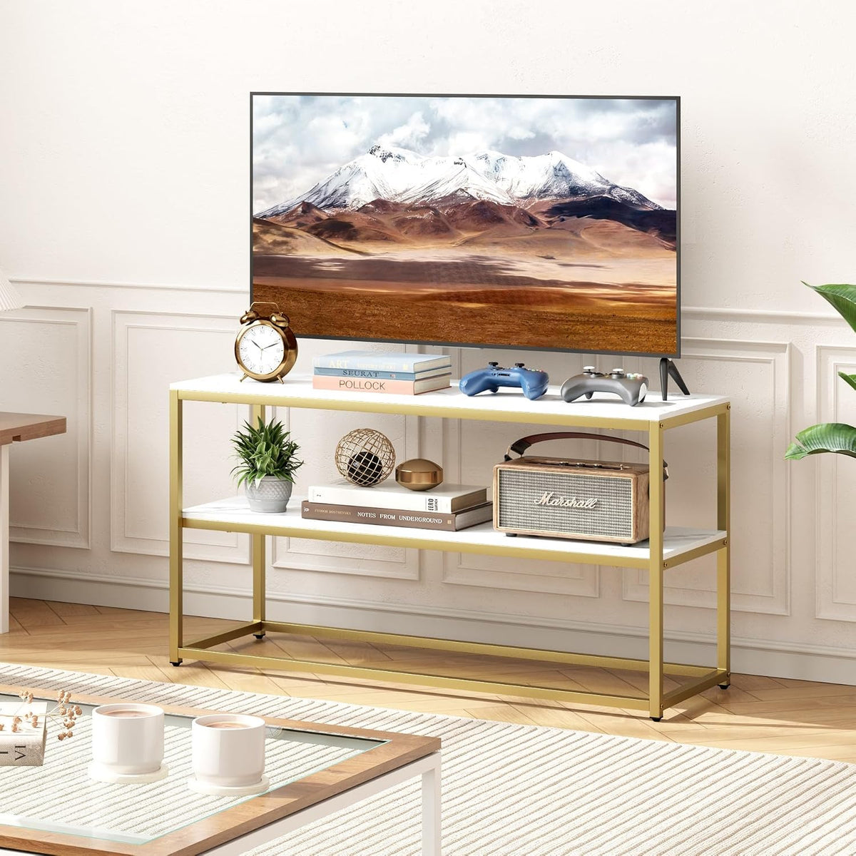 Modern Luxe TV Stand – Elegant 3-Tier Entertainment Center with Open Storage Shelves