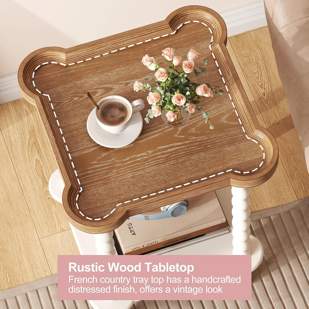 Cozy Farmhouse Nightstand – Charming 2-Tier Bedside Table with Natural Tray Top & Vintage White Legs