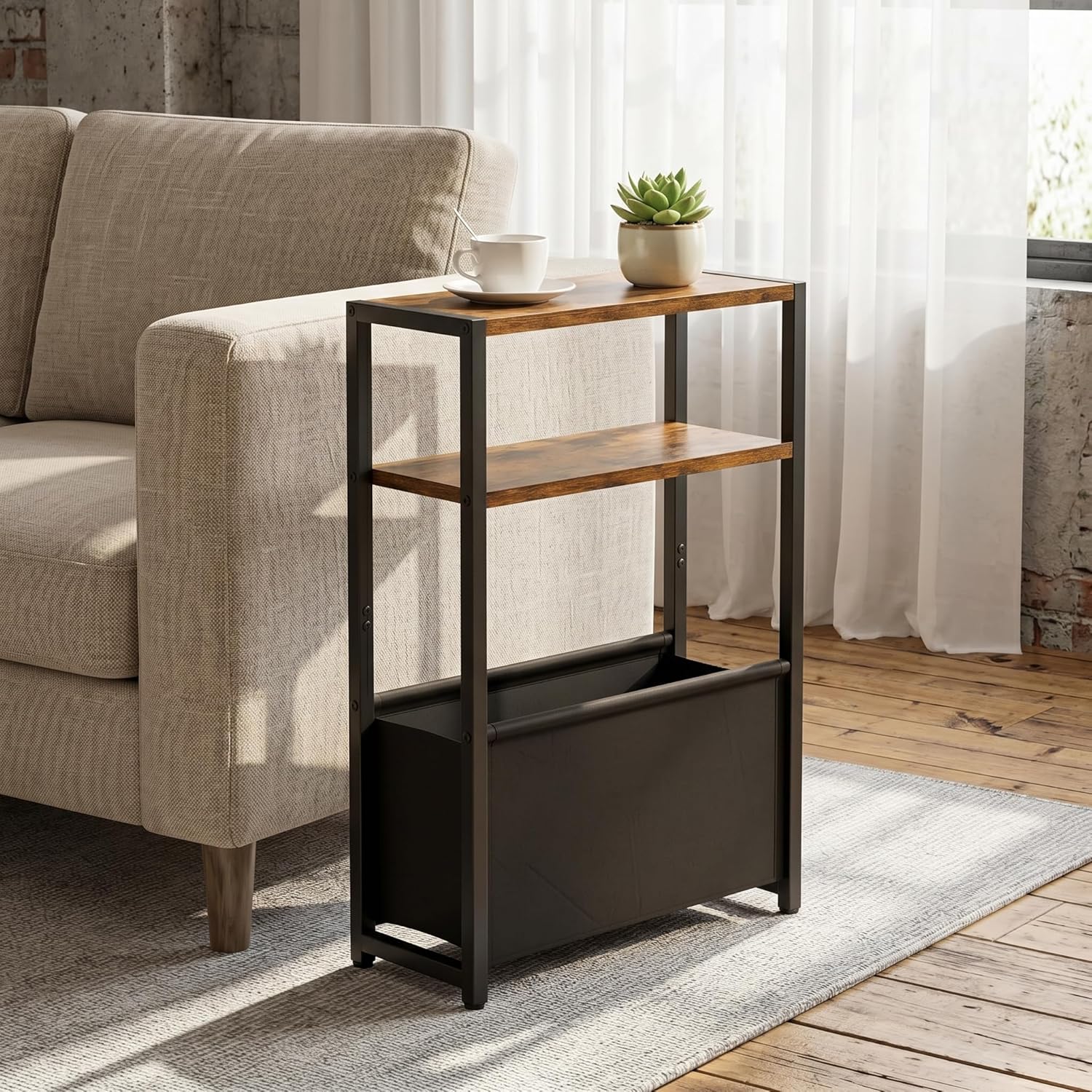 Narrow Side Table for Small Spaces – Slim Bedside Nightstand with Fabric Storage Basket